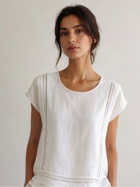 Bellambia Italian Linen White Crochet-Trim Top